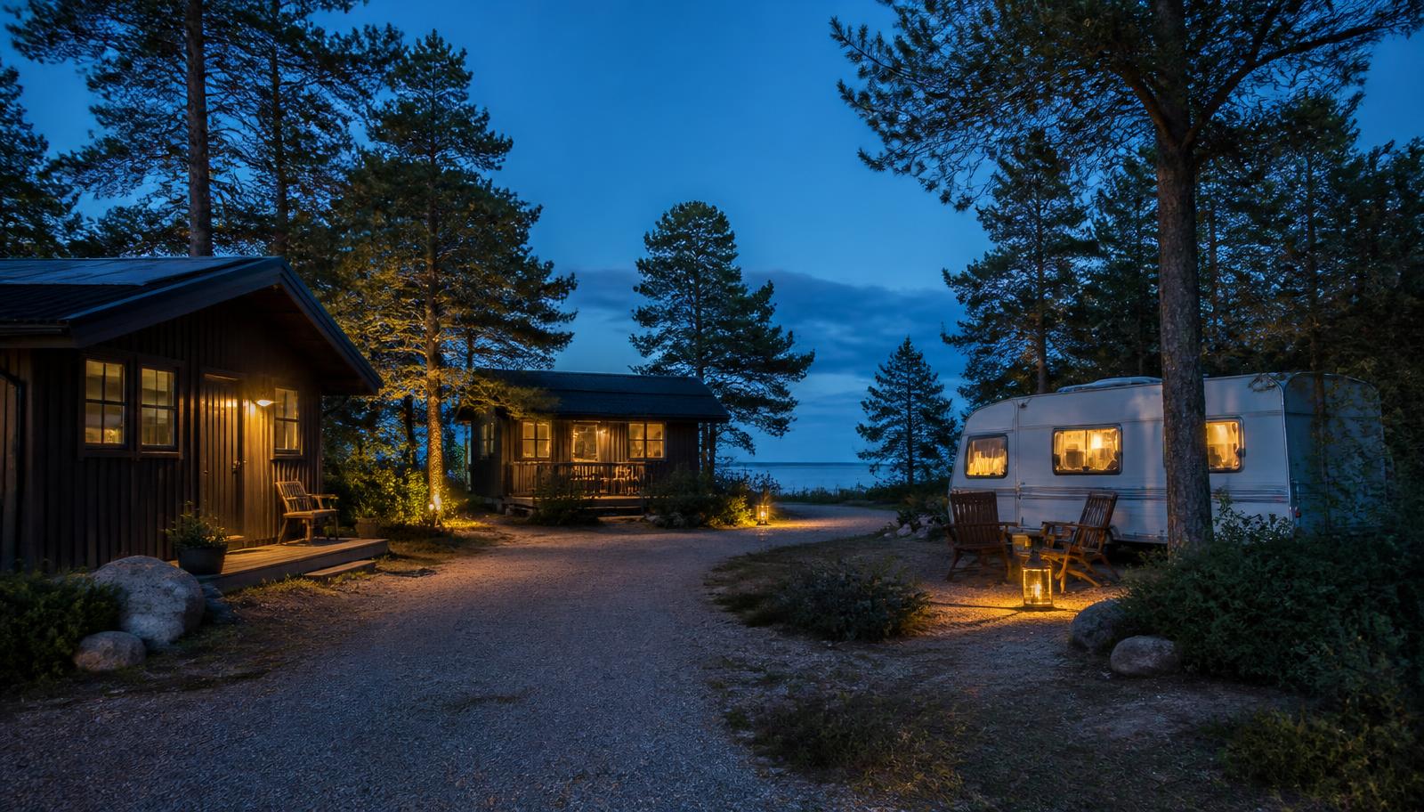 Campingplass i skumringen