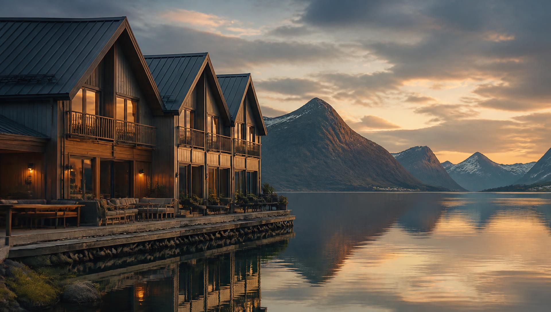 Hotell ved fjorden i kveldslys